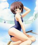  absurdres amatsume_akira antenna_hair blush broom brown_hair cloud day empty_pool hand_behind_head hashimoto_takashi highres looking_back one-piece_swimsuit one_eye_closed open_mouth pool sandals school_swimsuit short_hair sky solo swimsuit wet yosuga_no_sora 