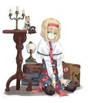  alice_margatroid black_legwear blonde_hair blue_eyes book candelabra capelet doll graphite_(medium) hairband lamp long_hair mixed_media nabeshima_tetsuhiro on_floor pantyhose shanghai_doll short_hair sitting solo suitcase touhou traditional_media 