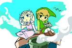  1girl black_eyes blonde_hair gloves ground_vehicle instrument korean link locomotive long_hair muse_(rainforest) on_vehicle pan_flute princess_zelda smile steam_locomotive the_legend_of_zelda tiara train translated 