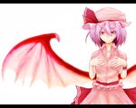  bat_wings fang gai_(chicken) hands hat hat_ribbon looking_at_viewer purple_hair red_eyes remilia_scarlet ribbon short_hair simple_background smile solo touhou vampire wings 