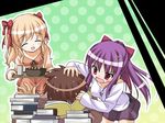  2girls aki_no_urara_no_akane-iro_shoutengai angry blonde_hair book closed_eyes food multiple_girls odajima_kosuzu odajima_mayu peko purple_eyes purple_hair 