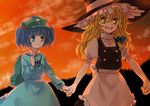 backpack bag blonde_hair blue_eyes blue_hair braid evening grin hair_bobbles hair_ornament hat holding_hands ica kawashiro_nitori key kirisame_marisa multiple_girls smile sunset touhou twintails two_side_up witch_hat yellow_eyes 