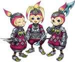  armor bad_id bad_pixiv_id blue_eyes closed_eyes final_fantasy final_fantasy_crystal_chronicles gradient_hair grin hand_on_hip helmet lilty multicolored_hair multiple_girls open_mouth polearm smile spear striped tokine_(tokiami) weapon 