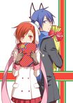  1girl bad_id bad_pixiv_id blue_eyes blue_hair christmas couple gift headphones hetero holding holding_gift makoto_(truechild) megami_ibunroku_devil_survivor orange_eyes orange_hair protagonist_(devil_survivor) scarf tanigawa_yuzu 