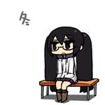  alternate_color bench bespectacled black_hair blue_eyes chan_co full_body glasses hatsune_miku jacket long_hair simple_background sitting solo twintails very_long_hair vocaloid 