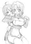  blush breast_squeeze breasts cleavage dream_c_club dream_c_club_(series) futaba_riho greyscale hug hug_from_behind iga_tamaki large_breasts monochrome multiple_girls nao_(dream_c_club) thighhighs yuri 