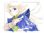  armor blonde_hair blue_cape blue_eyes cape circlet deedlit elf long_hair pointy_ears record_of_lodoss_war simple_background smile solo sumi_keiichi traditional_media 