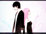  1girl back-to-back bare_shoulders black_dress couple dress height_difference hetero just_be_friends_(vocaloid) letterboxed long_hair megurine_luka pink_hair strapless strapless_dress vocaloid yoshi_(j_contrast) 