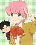  1girl 80s :3 ^_^ bad_id bad_pixiv_id black_hair blue_eyes bow checkered chibi closed_eyes gakuran high_school!_kimengumi ichidou_rei kawa_yui miniboy mosuko oldschool open_mouth pink_hair school_uniform short_hair smile v 