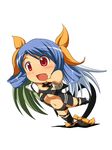  :d asymmetrical_wings blue_hair blush bow chibi dizzy guilty_gear hair_bow mirano open_mouth red_eyes ribbon smile solo standing standing_on_one_leg stepping_on_clothes tail tail_ribbon thighhighs tripping wings 