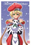  arc_system_works bare_shoulders beret blazblue blonde_hair blush christmas detached_sleeves female gloves gradient gradient_background green_eyes hat mistletoe noel_vermillion oborogumo_takamitsu panda short_hair snow solo taka-32 