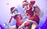  blue_hair blush brown_hair capelet christmas detached_sleeves finger_to_mouth hat multiple_girls original purple_eyes red_eyes santa_costume santa_hat taiyou_(tori_no_su_studio) wallpaper 