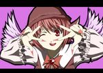  ;q animal_ears bow fingernails frills hair_bow hat joshi_kousei kaen_(hirencs) lipstick long_fingernails long_sleeves makeup mystia_lorelei nail_polish one_eye_closed parody pink_nails red_eyes red_hair short_hair simple_background solo tongue tongue_out touhou v wide_sleeves wings 