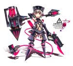  armor armpits axe bare_shoulders breasts chemistry cyborg detached_sleeves dual_wielding english fingerless_gloves gia gloves glowing gun gunblade hammer handgun hat holding huge_weapon navel neon_trim original personification pink_eyes robotic_legs shadow short_hair simple_background small_breasts solo tail underboob weapon white_hair 