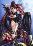  amulet ankle_gun bayonetta bayonetta_(character) black_hair blue_eyes bodysuit breasts candy covered_nipples dual_wielding food glasses gun handgun high_heels holding kanesada_keishi large_breasts lollipop long_hair mole mole_under_mouth moon mouth_hold navel quadruple_wielding shoes solo very_long_hair weapon 