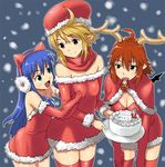  ahoge animal_ears antlers bare_shoulders bat_wings blue_hair breasts cake cat_ears christmas cleavage dress earmuffs elbow_gloves fang flat_chest food fur gloves green_eyes hat holding leaning_forward long_hair medium_breasts mouth_hold multiple_girls original pastry poporon red_eyes red_gloves red_hair red_legwear santa_costume scarf short_dress short_hair small_breasts smile snow thighhighs tray wings zettai_ryouiki 
