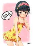  black_hair brown_eyes casual crown flat_chest floral_print flower hair_flower hair_ornament head_wreath naito one-piece_swimsuit short_hair skirt solo swimsuit to_aru_kagaku_no_railgun to_aru_majutsu_no_index uiharu_kazari 