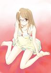  adjusting_eyewear barefoot breasts chemise cleavage feet glasses hands hands_on_feet kuuyuu legs lingerie medium_breasts one_eye_closed original panties red-framed_eyewear sitting soles solo strap_slip striped striped_panties toes underwear wariza 