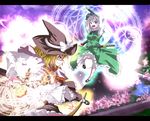  battle blonde_hair chaigidhiell duel epic grin hairband hat hitodama katana kirisame_marisa konpaku_youmu konpaku_youmu_(ghost) magic_circle mini-hakkero multiple_girls short_hair silver_hair smile sword touhou weapon witch_hat 