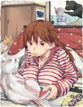  breast_press breasts brown_eyes brown_hair cat cleavage huge_breasts knucklecurve mouth_hold original shirt solo staring striped striped_shirt sweater zipper 