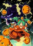  bat bloomers blue_eyes blue_hair blush candy cape food green_hair halloween hat highres jack-o'-lantern multiple_girls night open_mouth original pumpkin pumpkin_pants red_eyes short_hair sky staff tatsu_tairagi tougarashi twintails underwear witch witch_hat 