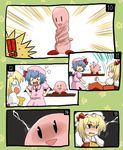  2girls :&lt; angry bad_id bad_pixiv_id blonde_hair blue_hair comic constricted_pupils crossover electricity fallen_down flandre_scarlet hands_on_hips kirby kirby_(series) koyama_shigeru multiple_girls o3o red_eyes remilia_scarlet silent_comic teardrop touhou turn_pale |_| 