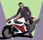  bad_id bad_pixiv_id batman_(series) crossover cyclone_(kamen_rider) dc_comics green_hair grin ground_vehicle harley_quinn kamen_rider kamen_rider_w kuronosu_(flyingcircus) male_focus motor_vehicle motorcycle parody pun smile solo the_dark_knight the_joker 