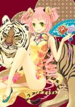  animal_ears china_dress chinese_clothes dress fan flower folding_fan green_eyes hair_rings long_hair mitsukura_chikage new_year original pink_hair side_slit sitting solo tail tiger tiger_ears tiger_tail 