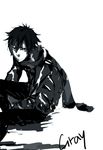  bad_id bad_pixiv_id black_hair casual character_name fairy_tail gray_fullbuster greyscale jacket male_focus mendee monochrome scarf solo white_background 