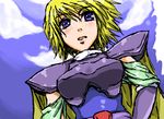 1girl armor blonde_hair blue_eyes breasts cape faye female final_fantasy final_fantasy_mystic_quest outdoors short_hair shoulder_pads sky solo 