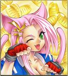  animal_ears breasts calnarsa cat_ears cat_tail cleavage coin green_eyes koma_(srw) large_breasts multiple_tails one_eye_closed pink_hair shikishi solo super_robot_wars super_robot_wars_og_saga_mugen_no_frontier tail 