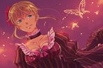  beatrice blonde_hair bow bowtie breasts bug butterfly cleavage dress european_clothes frills hair_ornament insect medium_breasts pink_bow searing_blue_eyes solo tears umineko_no_naku_koro_ni 