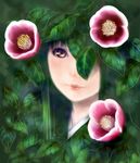  brown_eyes camellia flower leaf original solo tatsu_tairagi 