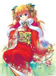  blue_eyes bow brown_hair capelet cu-rim gift hair_bow japanese_clothes kimono long_hair neon_genesis_evangelion new_year sitting smile solo souryuu_asuka_langley 