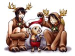  1girl animal_costume christmas hat jpeg_artifacts monkey_d_luffy nico_robin one_piece reindeer_costume santa_costume santa_hat tony_tony_chopper 