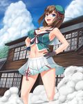 black_gloves blue_eyes breasts cleavage gloves hammerman_benkei hands_on_hips hat kantai_collection large_breasts maya_(kantai_collection) midriff navel open_mouth remodel_(kantai_collection) short_hair skirt snow solo 
