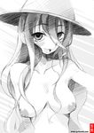  :d anetai_toyone blush breasts gofu greyscale hat long_hair looking_at_viewer medium_breasts monochrome nipples nude open_mouth saki sketch smile solo spot_color traditional_media 