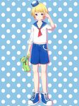  bad_id bad_pixiv_id blonde_hair blue_background blush crown full_body hat highres idolmaster idolmaster_side-m kaerre looking_at_viewer male_focus niki_(nikism1987) pierre_(idolmaster) polka_dot polka_dot_background purple_eyes sailor sailor_hat salute shorts smile solo standing stuffed_animal stuffed_frog stuffed_toy 