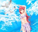  arm_above_head arm_up armpits bare_shoulders bird breasts brown_eyes cleavage cloud cloudy_sky day groin kusaribe_hakaze long_hair looking_at_viewer medium_breasts midriff navel ocean outdoors red_hair sky solo strapless torn_clothes underboob water yoku_to zetsuen_no_tempest 