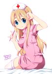  arm_up bad_id bad_pixiv_id bed bed_sheet blonde_hair blue_eyes blush breasts cross eyebrows from_behind hair_between_eyes hat holding holding_pencil k-on! kotobuki_tsumugi long_hair looking_at_viewer looking_back medium_breasts name_tag nurse nurse_cap official_style pencil ragho_no_erika red_cross sidelocks simple_background sitting smile solo thighhighs uniform very_long_hair white_background white_legwear zettai_ryouiki 