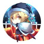  artoria_pendragon_(all) black_footwear black_legwear blonde_hair boots cape chibi craytm dark_excalibur fate/grand_order fate_(series) fur-trimmed_boots fur_trim gloves hat pantyhose sack santa_alter santa_hat short_hair solo sword thigh_boots thighhighs weapon yellow_eyes 