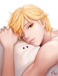  adrien_agreste ankkoyom bad_id bad_pixiv_id bangs blonde_hair bug earrings face green_eyes highres insect jewelry ladybug looking_at_viewer male_focus miraculous_ladybug one_eye_closed parted_lips pillow shirtless signature simple_background solo stud_earrings swept_bangs thumbtack white_background 