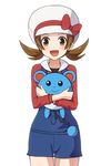  brown_eyes brown_hair gen_2_pokemon hat holding kotone_(pokemon) looking_at_viewer marill open_mouth pokemon pokemon_(creature) pokemon_(game) pokemon_hgss simple_background twintails white_background yukikan 