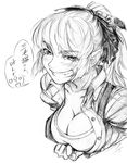  breasts cleavage cleavage_reach eyebrows fang fujiwara_no_mokou greyscale grin hair_ribbon imizu_(nitro_unknown) leaning_forward long_hair medium_breasts monochrome ponytail ribbon sketch smile solo thick_eyebrows touhou translation_request unbuttoned 