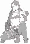  belt bikini breasts elbow_gloves gloves greyscale gun ina_(gokihoihoi) medium_breasts metal_gear_(series) metal_gear_solid_v monochrome navel pantyhose ponytail quiet_(metal_gear) short_hair solo squatting swimsuit thumbs_up torn_clothes torn_legwear underboob weapon 