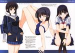  bag bare_shoulders black_hair blue_eyes blush brown_eyes coat crossed_legs hands_in_pockets highres long_hair looking_at_viewer looking_back multiple_girls nakamura_takeshi non-web_source one-piece_swimsuit one_eye_closed open_mouth pleated_skirt ribbon scarf school_bag school_swimsuit school_uniform serafuku shoes short_hair sitting skirt smile swimsuit winter_clothes winter_coat 