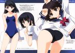  ass bare_shoulders black_hair blue_eyes blush brown_eyes buruma competition_school_swimsuit gym_uniform highres kickboard looking_at_viewer looking_back multiple_girls nakamura_takeshi non-web_source one-piece_swimsuit ribbon school_swimsuit school_uniform serafuku short_hair smile swimsuit 