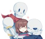  androgynous armor black_eyes blush bone brothers brown_hair closed_eyes everina frisk_(undertale) grin hug looking_at_viewer monster_boy multiple_boys one_eye_closed open_mouth papyrus_(undertale) red_scarf sans scarf shirt short_hair shoulder_pads siblings simple_background skeleton skull smile striped striped_shirt teeth undertale upper_body white_background 