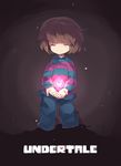  ankle_boots boots brown_background brown_hair closed_eyes copyright_name denim everina frisk_(undertale) glowing heart kneeling pants shirt short_hair simple_background solo striped striped_shirt undertale 