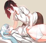  absurdres bad_deviantart_id bad_id blue_eyes blush eye_contact grey_eyes hand_under_clothes hand_under_shirt highres looking_at_another multicolored_hair multiple_girls ndgd no_pants panties pantyhose ruby_rose rwby shirt side_ponytail underwear weiss_schnee white_hair white_panties yuri 